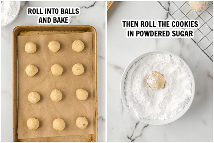 The process of rolling the dough into balls then rolled into powdered sugar