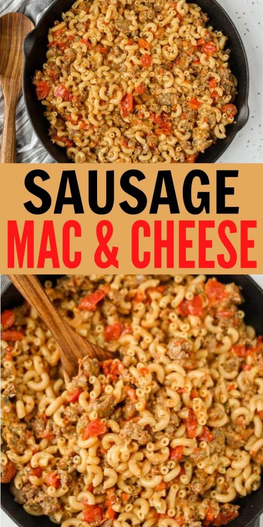 Sausage Mac and Cheese is the best comfort food. Dinner is easy when you make this flavorful recipe with hearty ground Italian sausage, pasta, cheese and more. You are going to love this easy one pot skillet recipe. #eatingonadime #onepotrecipes #skilletrecipes #sausagerecipes #pastarecipes 
