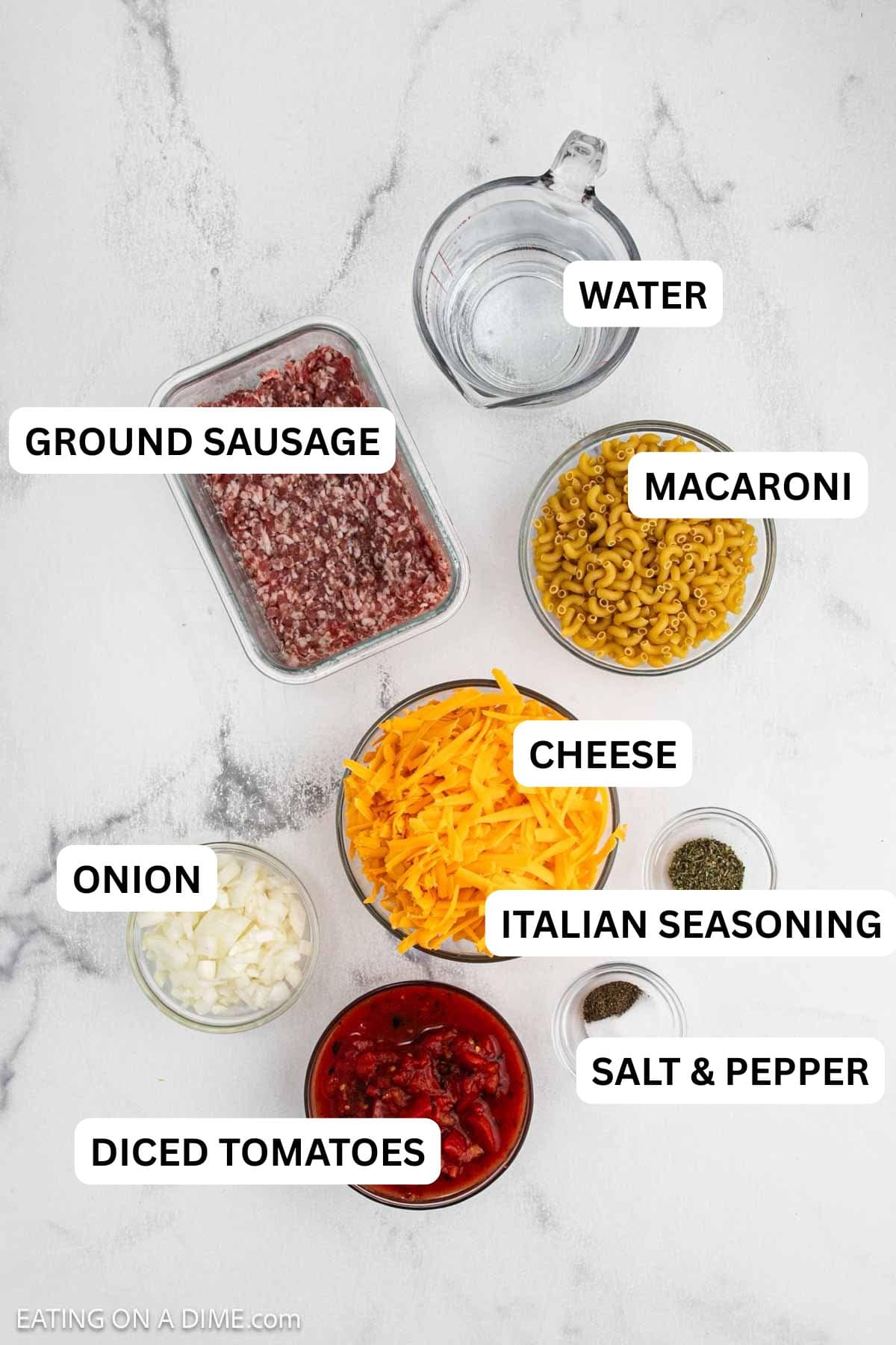 Ingredients need to make this recipe which includes ground sausage, macaroni, cheese, spices and more.