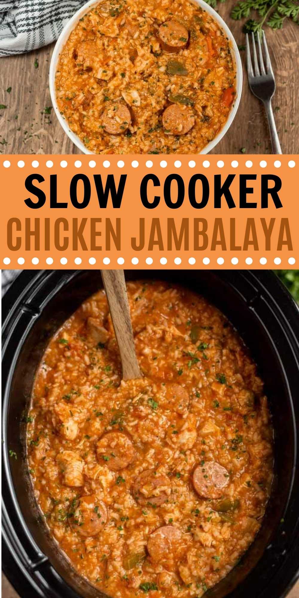 Crock Pot Jambalaya is such a hearty meal with chicken and sausage. Packed with just enough heat to jazz it up but perfect for the entire family to enjoy. This slow cooker chicken and sausage jambalaya is easy to make and packed with tons of flavor too! #eatingonadime #crockpotrecipes #slowcookerrecipes #chickenrecipes #cajunrecipes 