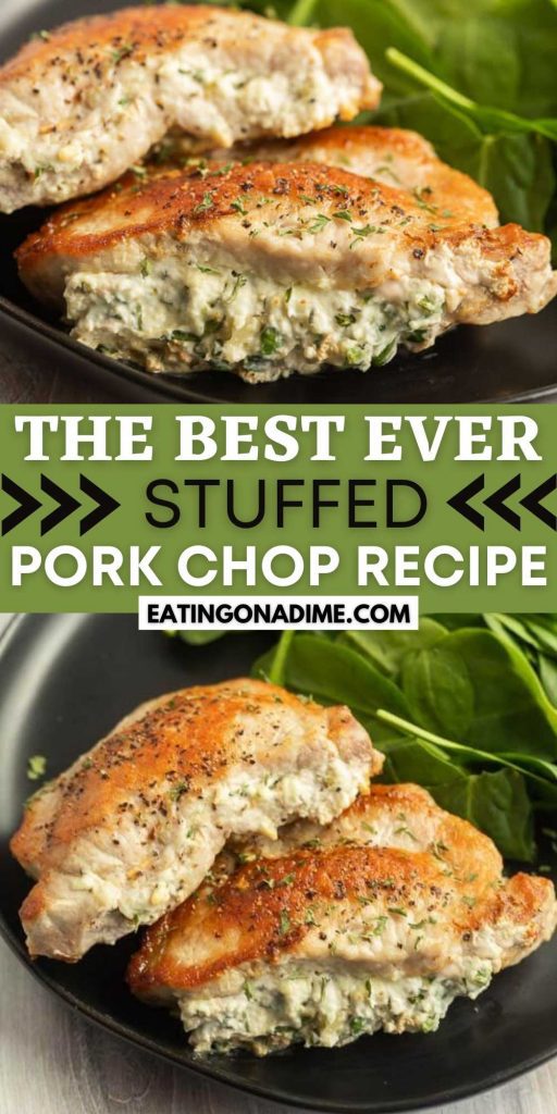 These amazing Stuffed Pork Chops is an easy way to change up you’re pork chops. This easy meal will become your new way to cook pork chops in the oven. Learn how to stuff pork chops with a delicious cream cheese mixture that adds tons of flavor to your pork! Learn how to cook stuffed pork chops. #eatingonadime #porkrecipes #porkchops #stuffedpork #ovenrecipes 

