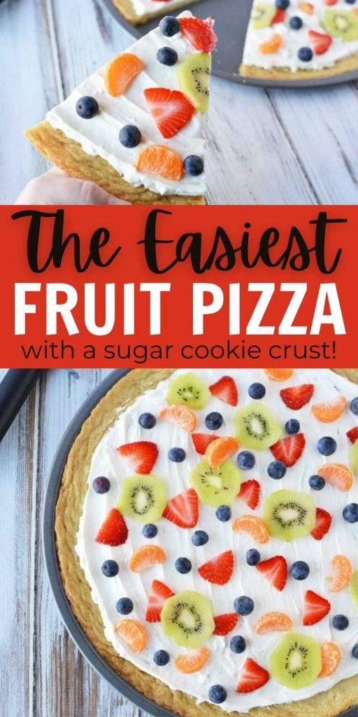 Make this delicious Sugar Cookie Fruit Pizza and you will not be disappointed! This Easy Fruit Pizza Recipe is amazing! You will love this fruit pizza with sugar cookie crust and an amazing cream cheese topping. Yum! Fruit pizza recipe sugar cookie will be a hit and is perfect for any holiday or for a summer dessert. #eatingonadime #fruitrecipes #fruitpizza #easydesserts 