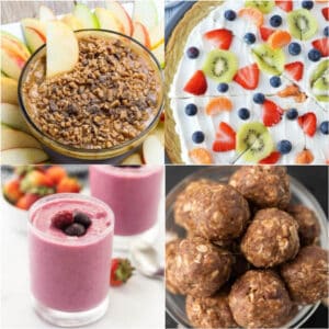 A collage of four Summer Snacks: apple slices with dip, fruit pizza topped with berries and kiwi, a berry smoothie in a glass, and a bowl of oat energy bites.