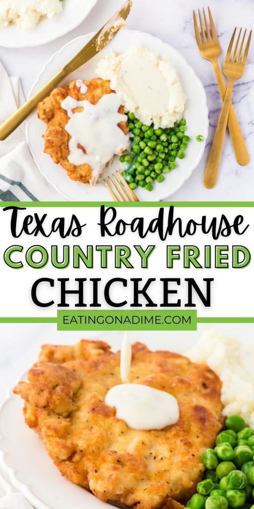 Have you ever had the Country Fried Chicken at Texas Roadhouse? It’s amazing and easy to make at home with this easy copycat recipe.  You’ll love this simple copycat Southern Country Fried Chicken recipe. #eatingonadime #copycatrecipes #chickenrecipes #southernrecipes 
