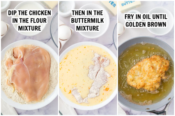 The process of dipping chicken in a flour mixture and frying chicken. 