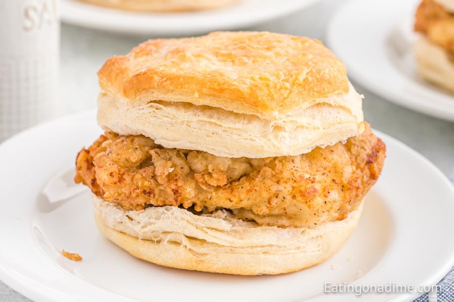 Close up image of chicken biscuit on a white plate. 