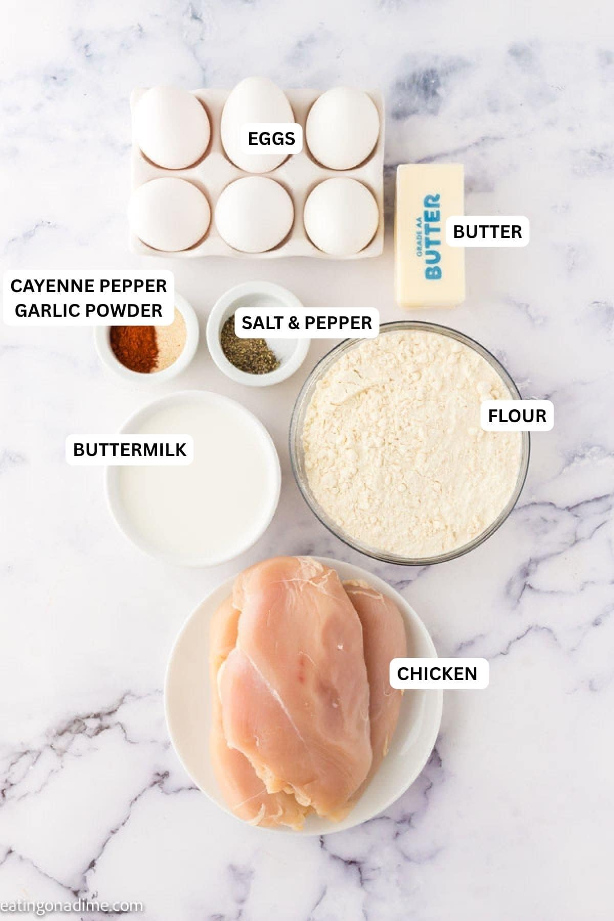 Ingredients for recipe: eggs, butter, garlic powder, cayenne pepper, flour, chicken and buttermilk.