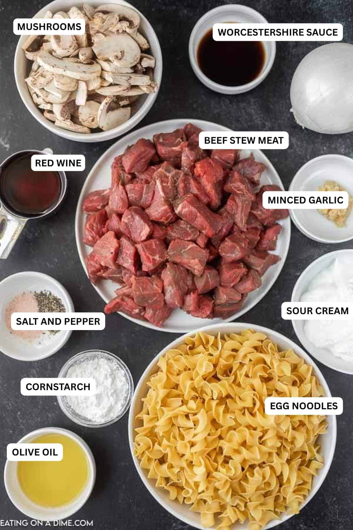 Try Easy Crock Pot Beef Stroganoff Recipe for an easy weeknight meal. The meat is so tender and the cream sauce so flavorful. It's the best comfort food. Ingredients for recipe: mushrooms, Worcestershire sauce, beef stew meat, red wine, minced garlic, sour cream, salt and pepper, egg noodles, cornstarch and olive oil.