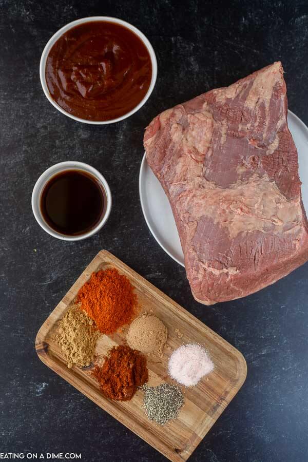 Ingredients needed - beef brisket, paprika, salt and pepper, brown sugar, worcestershire sauce, chili powder, cumin, bbq sauce