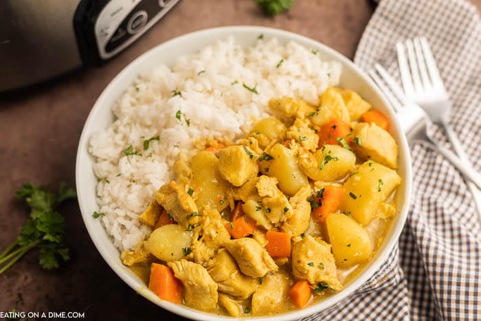 Close up image of a bowl of chicken curry with rice