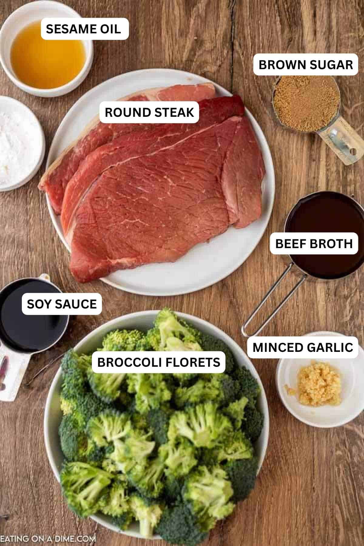 Beef and Broccoli Crock Pot Recipe is a great meal that is tasty and easy. Forget take out when you can enjoy tender beef and broccoli in the slow cooker. Recipe ingredients - sesame oil, brown sugar, round steak, beef broth, soy sauce, broccoli florets, minced garlic.