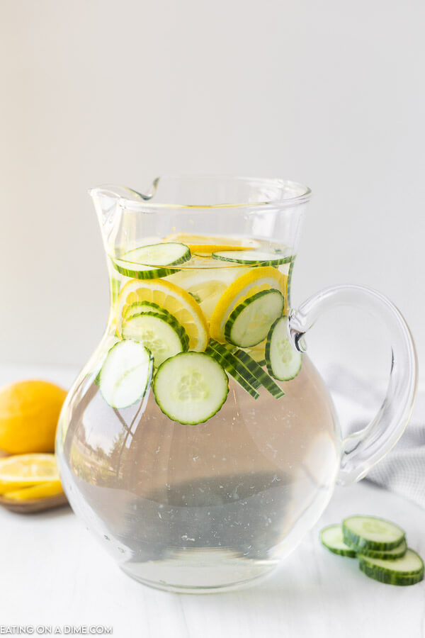 Cucumber lemon water in a pitcher. 