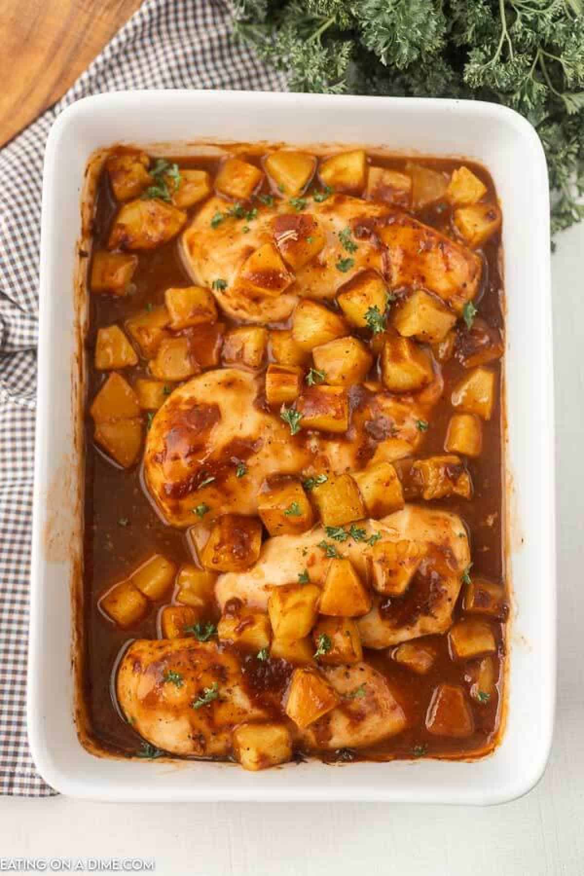 Baked chicken in a 9x13 pan.