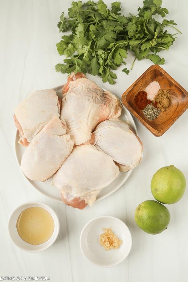 Ingredients needed - chicken thighs, lime, cilantro, honey, chili powder, cumin, minced garlic, salt and pepper