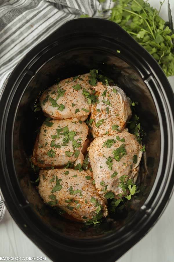 Uncooked Chicken thighs in the crock pot. 