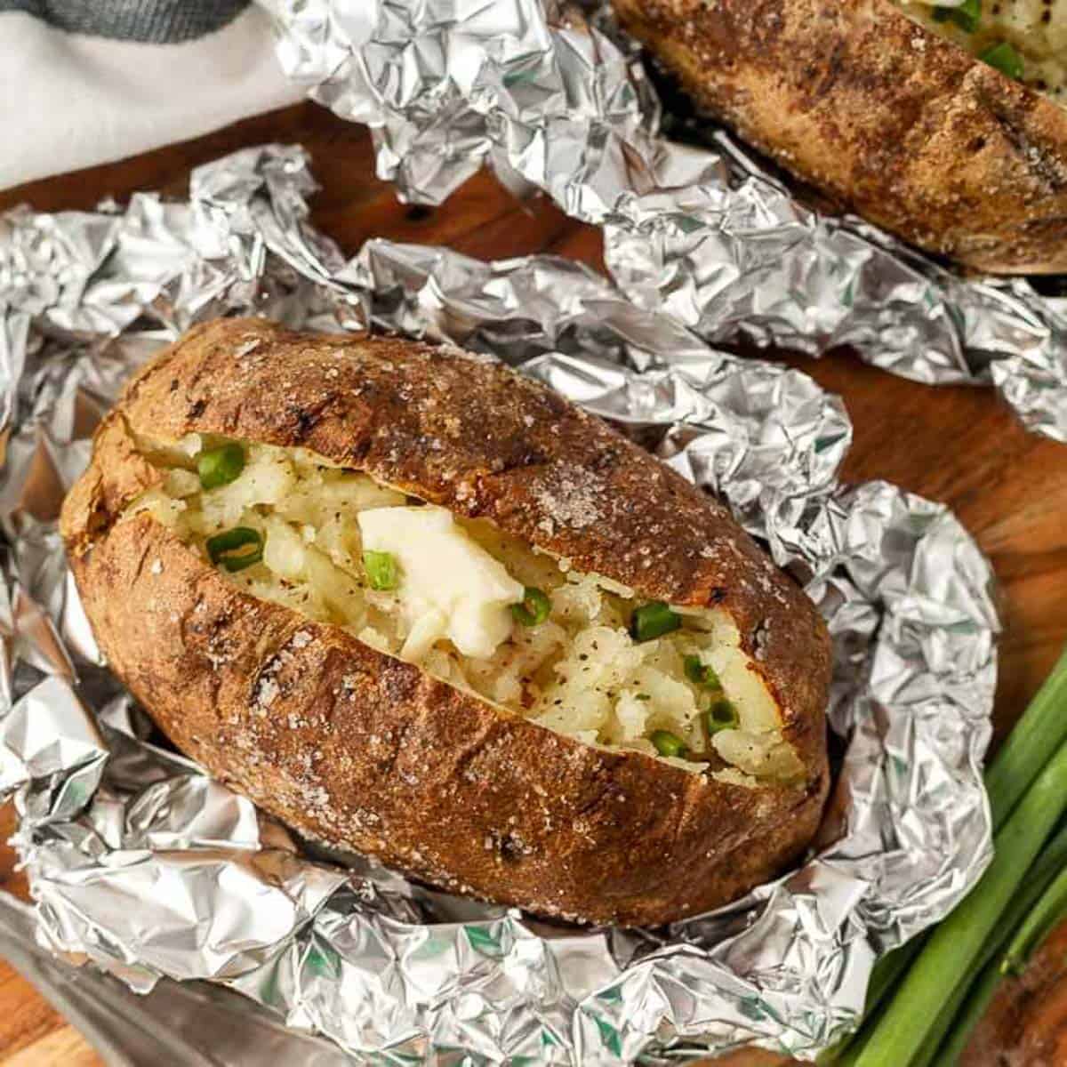 Baked potatoes in foil.