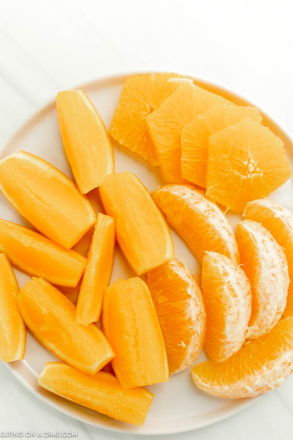 Close up image of orange slices on a plate. 