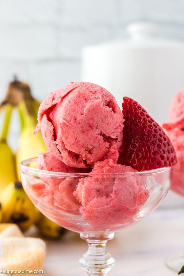 Close up image of fruit ice cream in a serving glass