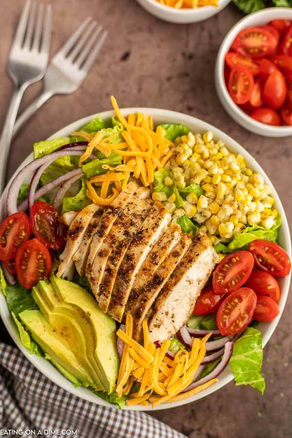 Grilled chicken salad in a bowl. 
