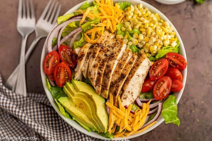 Grilled chicken salad in a bowl. 