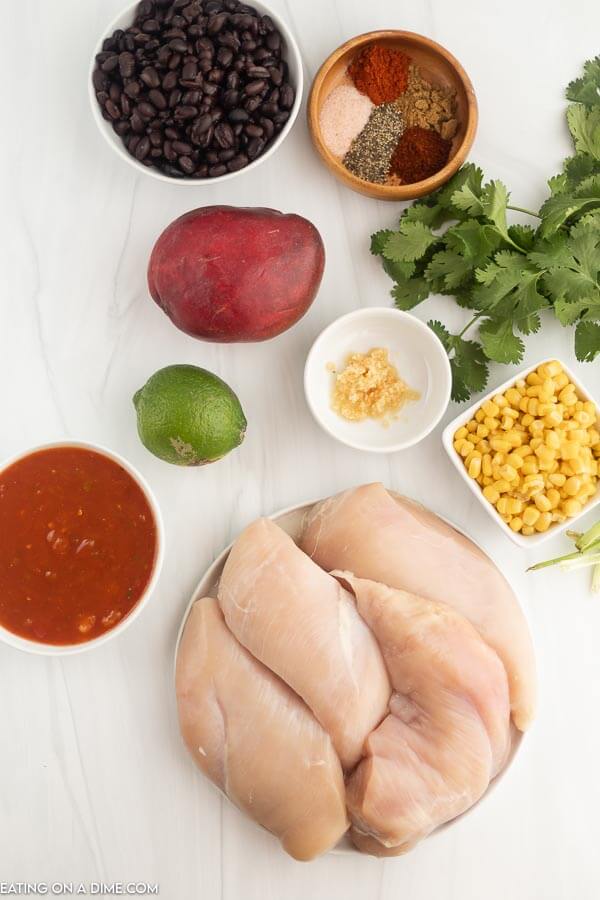 Ingredients needed - chicken, seasoning, mango peach salsa, black beans, corn, fresh lime, cilantro, mango rice