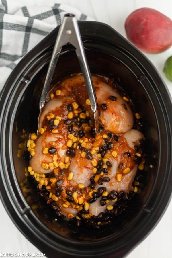 Close up image of uncooked ingredients in a crock pot 