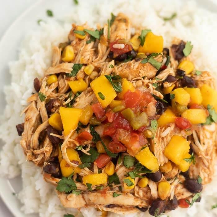 Close up image of chicken mango salsa on rice on white plate. 