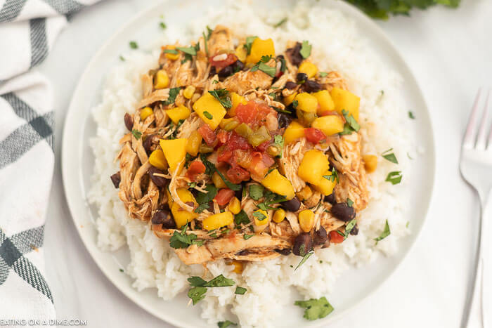 Close up image of chicken mango salsa chicken on a plate over rice. 
