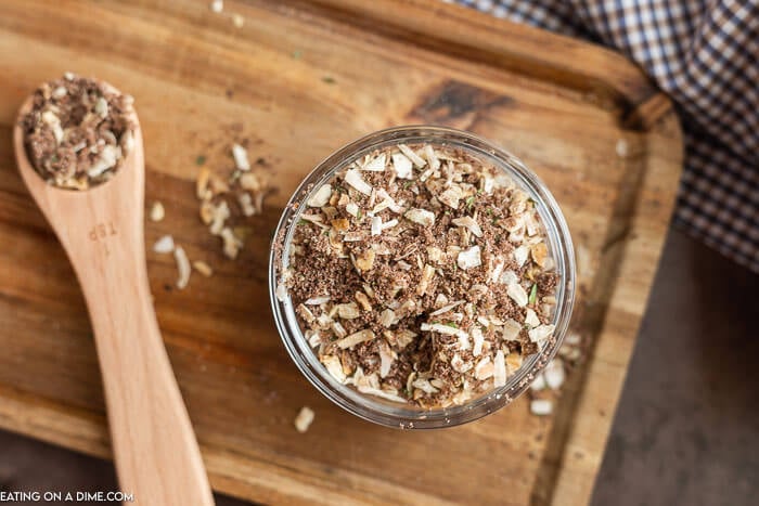 close up image of onion soup mix in a jar