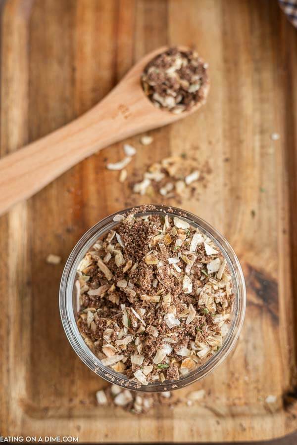 close up image of onion soup mix in a jar