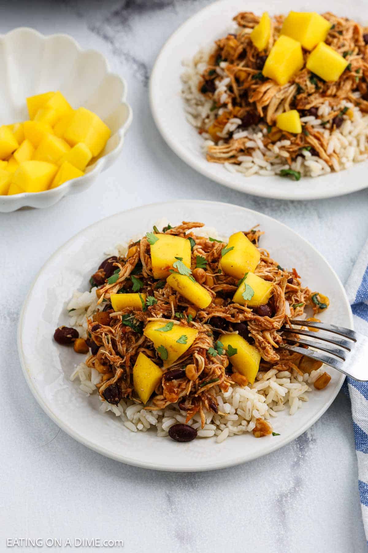 Two white plates with Crockpot Mango Salsa Chicken, black beans, and rice, topped with fresh mango chunks. A bowl of diced mango is nearby, all set on a white marble surface.
