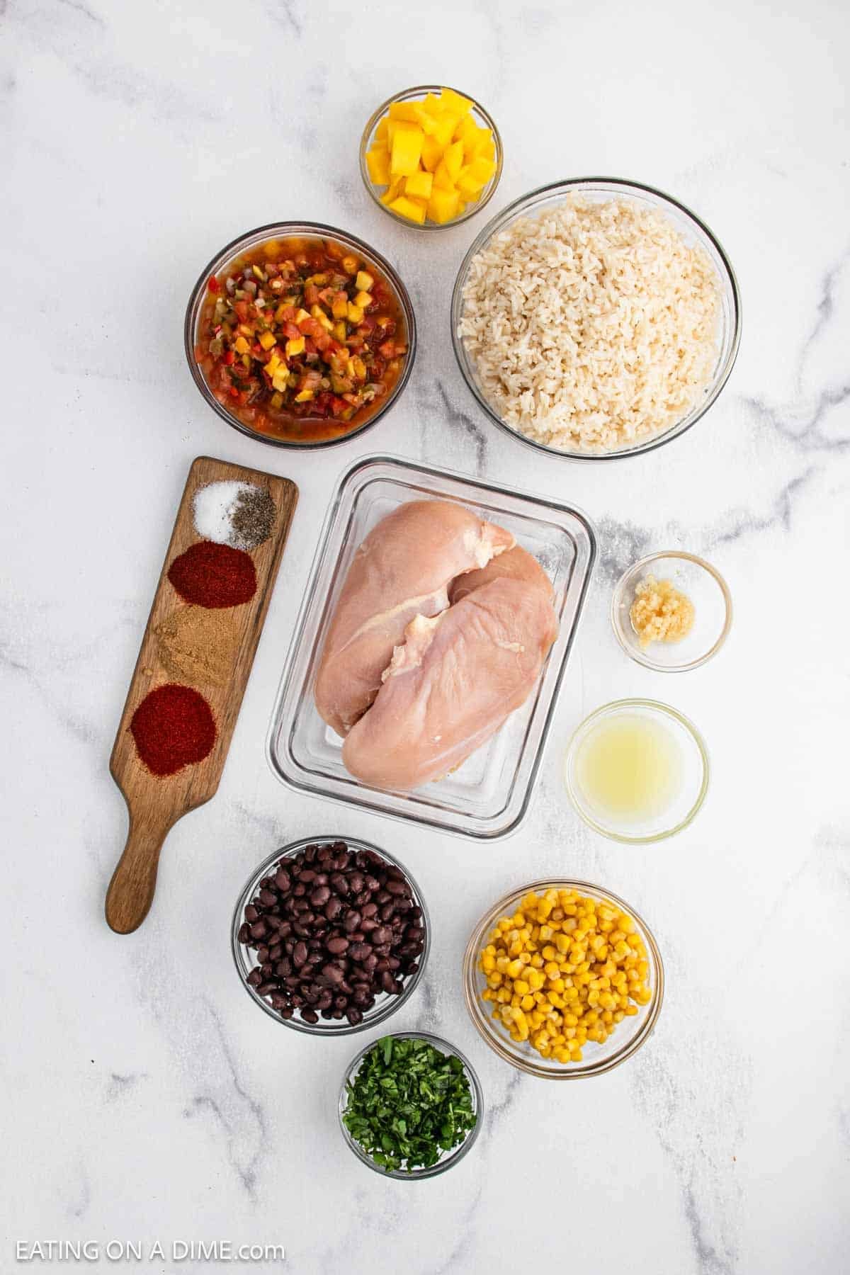 Overhead view of Crockpot Mango Salsa Chicken ingredients, including raw chicken breasts, brown rice, black beans, corn, salsa, diced mango, chopped cilantro, minced garlic, lime juice, and spices on a wooden board.
