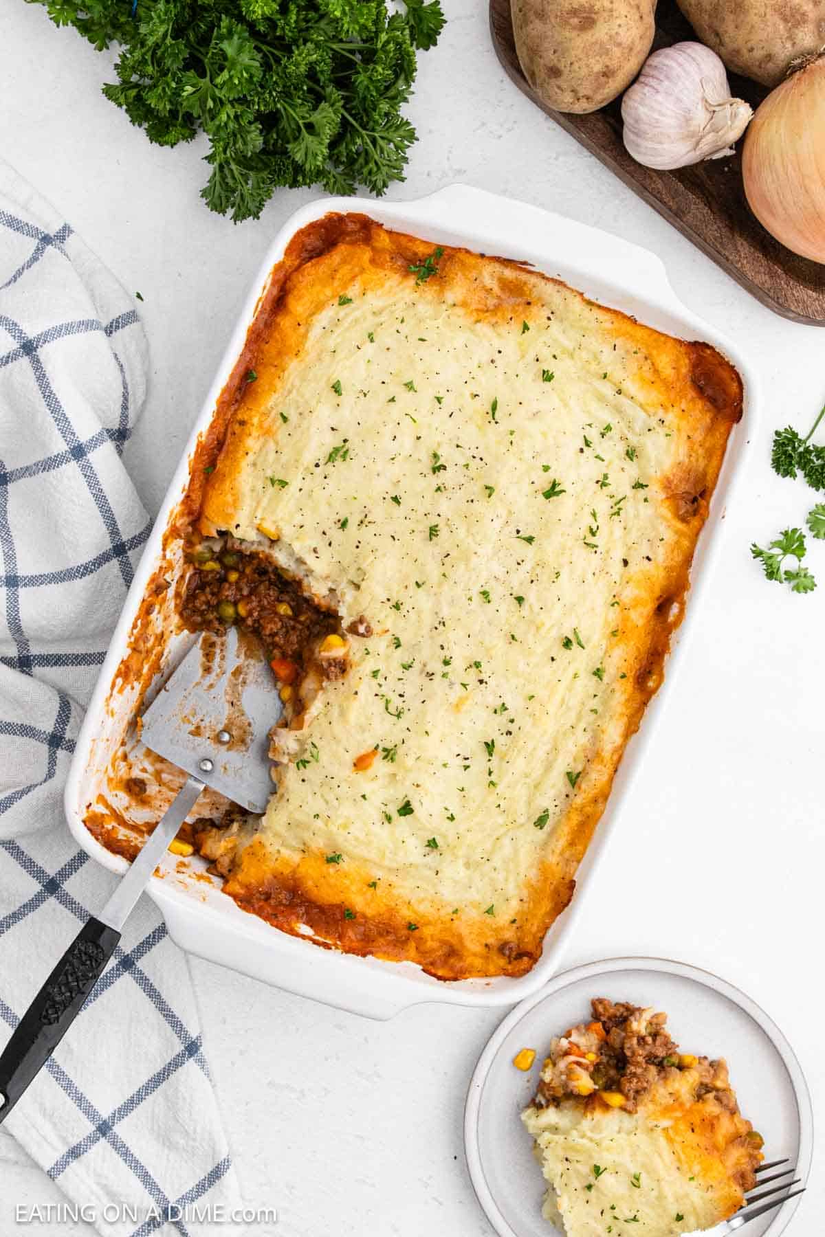 Ready to serve meat casserole in a baking dish.