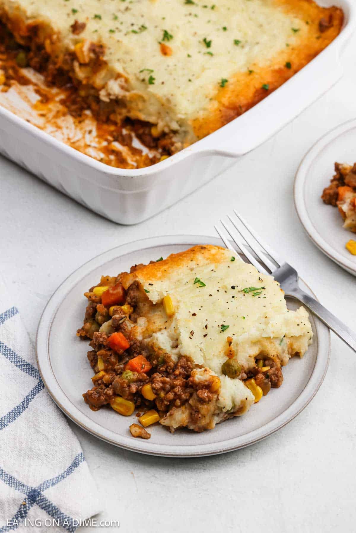 Meat and potato casserole on a plate.