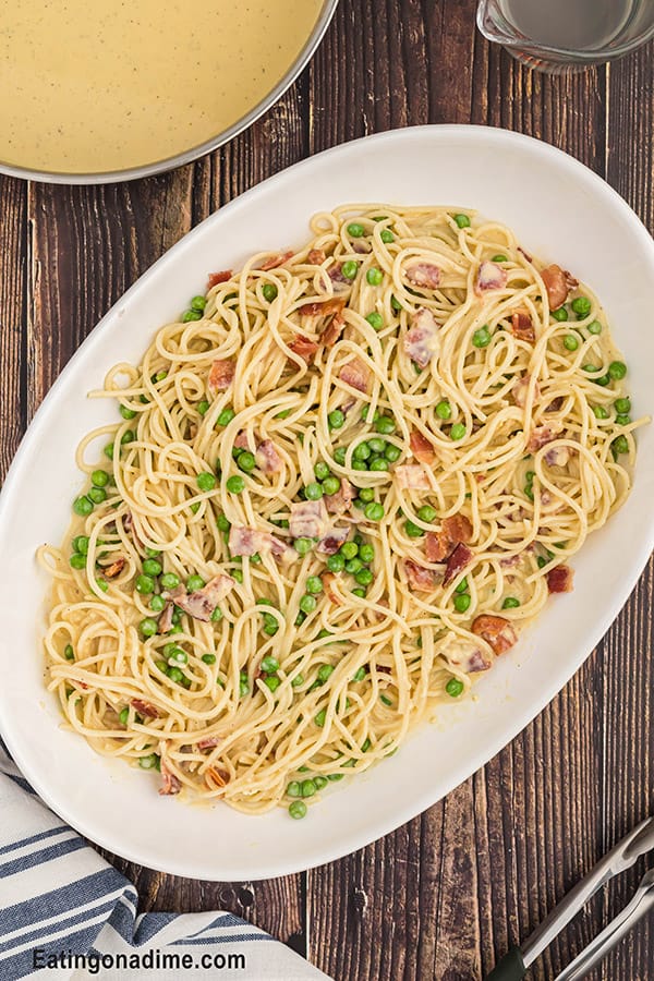Close up image of pasta carbonara on a platter