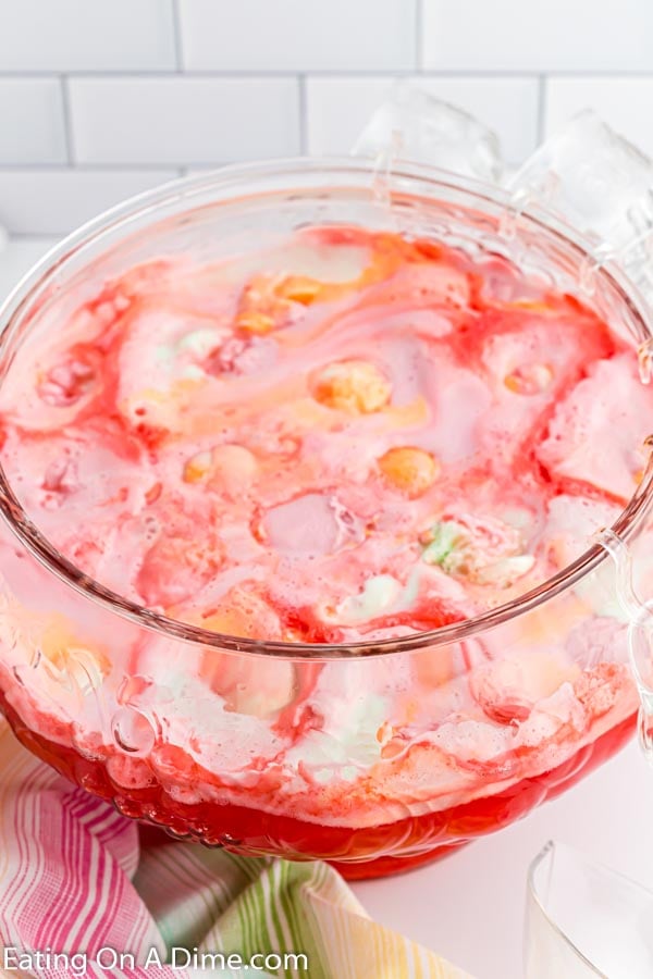 Rainbow sherbet punch in a punch bowl. 