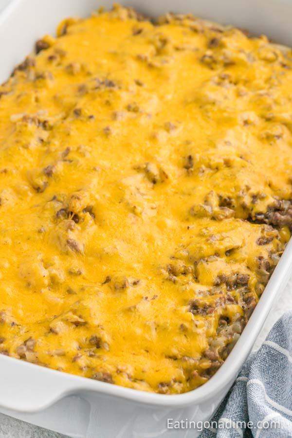 Close up image of hamburger casserole in a baking dish