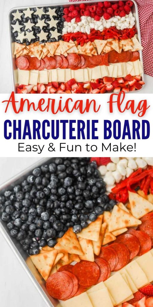 This American Flag Charcuterie Board is so adorable for a patriotic snack to share at your next Memorial Day or 4th of July event.  Check out these step by step instructions on how to make this cute charcuterie board. #eatingonadime #patrioticfood #americanflagfood #charcuterieboard 