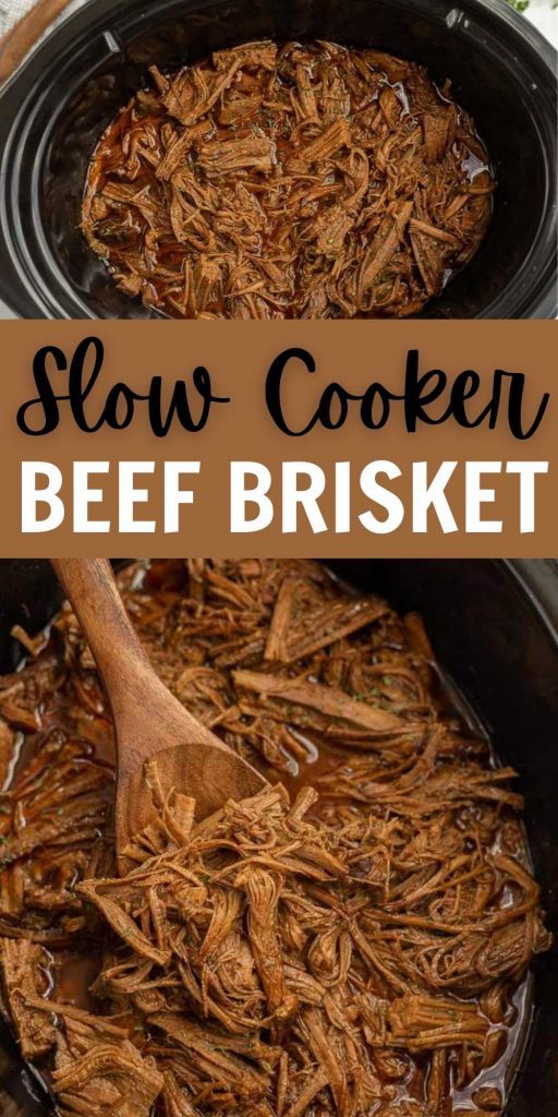How to make Crock Pot Brisket Recipe that falls apart. The flavor from being slow cooked all day is amazing and the recipe is so easy. Learn how to make the best beef brisket in a slow cooker that is delicious as in or to make sandwiches! #eatingonadime #crockpotrecipes #slowcookerrecipes #beefrecipes #brisketrecipes 