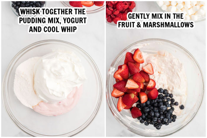 Process photos of combining the pudding mixture and fruit. 