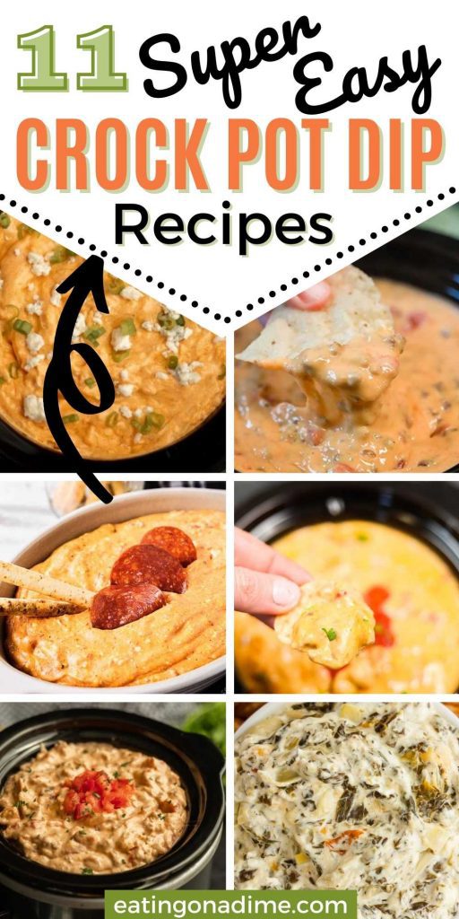 I love making dip recipes in a crock pot.  They make the best appetizers. Check out the best crock pot dip recipe that are perfect for parties or BBQs. These cheese dip and chicken dips are the best.  These dips are all easy to make and delicious too.  #eatingonadime #diprecipes #appetizerrecipes #crockpotdips 