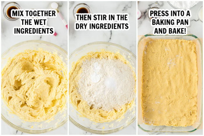 The process of making the sugar cookie dough and spreading into a baking dish