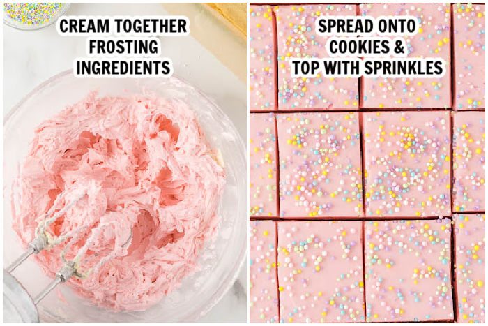 The process of mixing the frosting and spreading on the sugar cookie