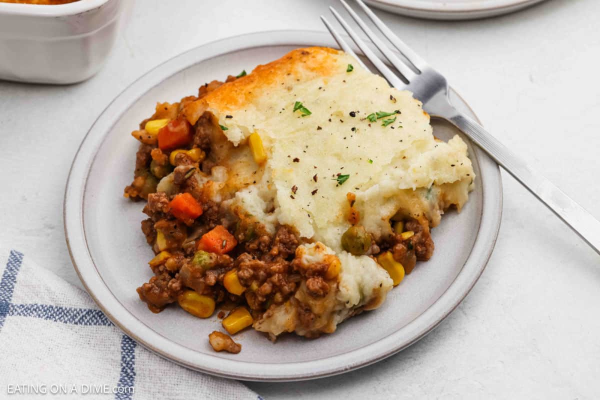 A serving of Shepherd's Pie on plate.