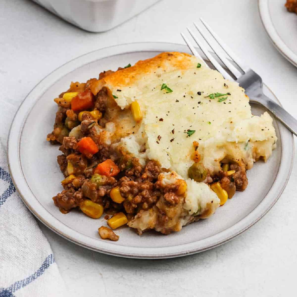 A serving of shepherd's pie on a plate.