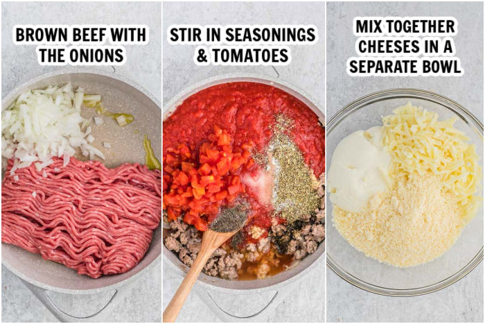 The process of making the tomato mixture and cheese mixture. 