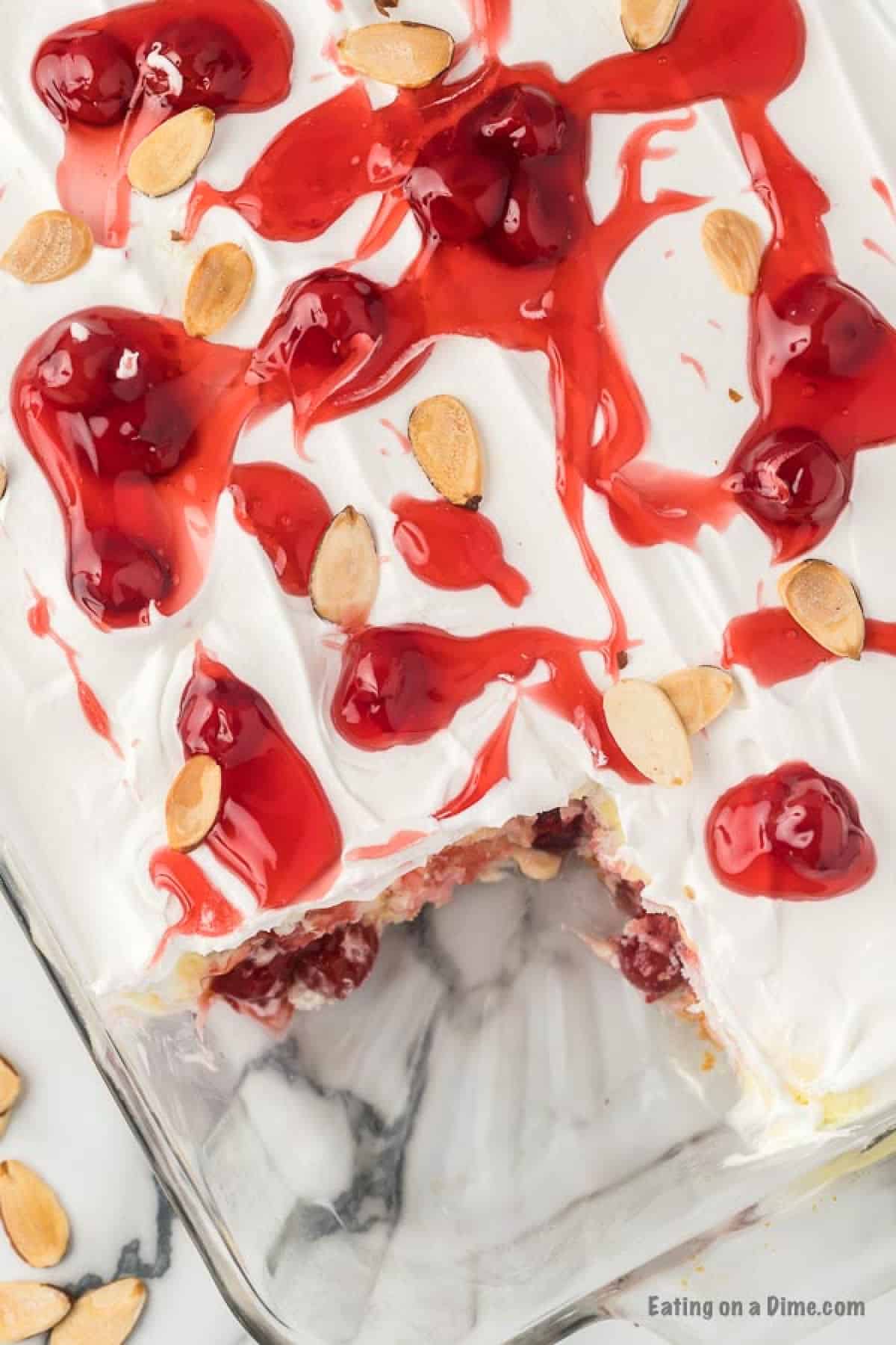 Close up image of Heaven on Earth Cake in a 9x13 pan.