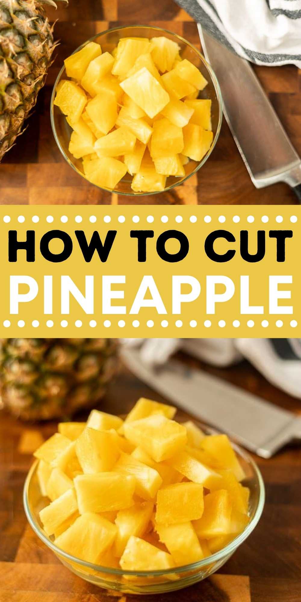 Learn How to Cut Pineapple the best way so you don't waste any of this tasty fruit. These steps will have your pineapple cut to enjoy. These easy step by step tutorial will teach you have to dice a pineapple.  #eatingonadime #kitchentips #knifeskills #pineapple 