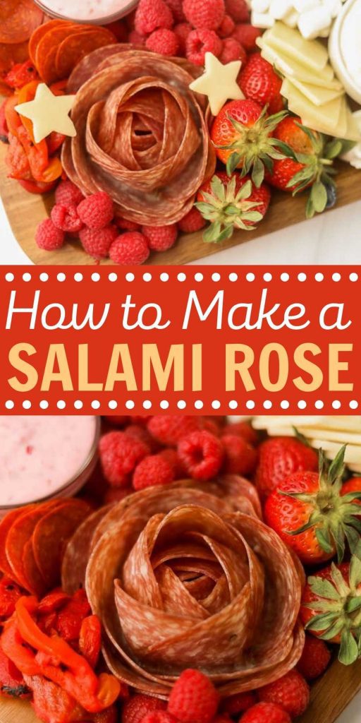 Learn How to Make a Salami Rose to add to your charcuterie boards, snack trays and more. Meat roses are easy to make and delicious to eat. It’s so easy to make a salami rose with a glass or with a wine glass.  They are easy to make and adorable for serving too. #eatingonadime #salamirose #charcuterieboards #salamirose 