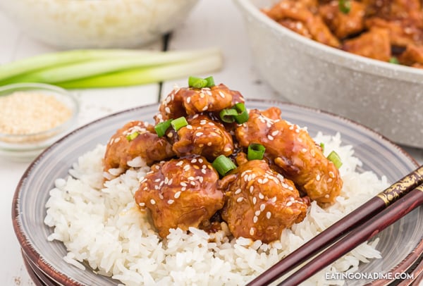 Close up image of sesame chicken on rice on a plate